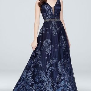 ✨“Navy Blue Cachet Belted Tulle Glitter Gown” ✨